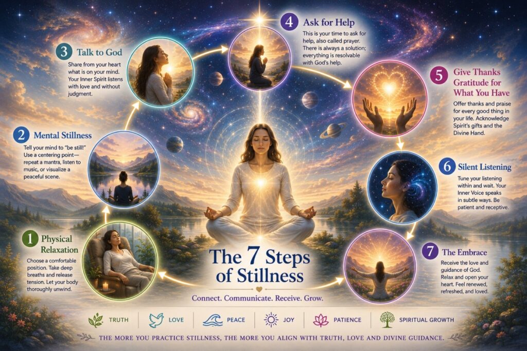 Infographic illustrating the seven steps of stillness: physical relaxation, mental stillness, talking to God, asking for help, giving thanks, silent listening, and the embrace.