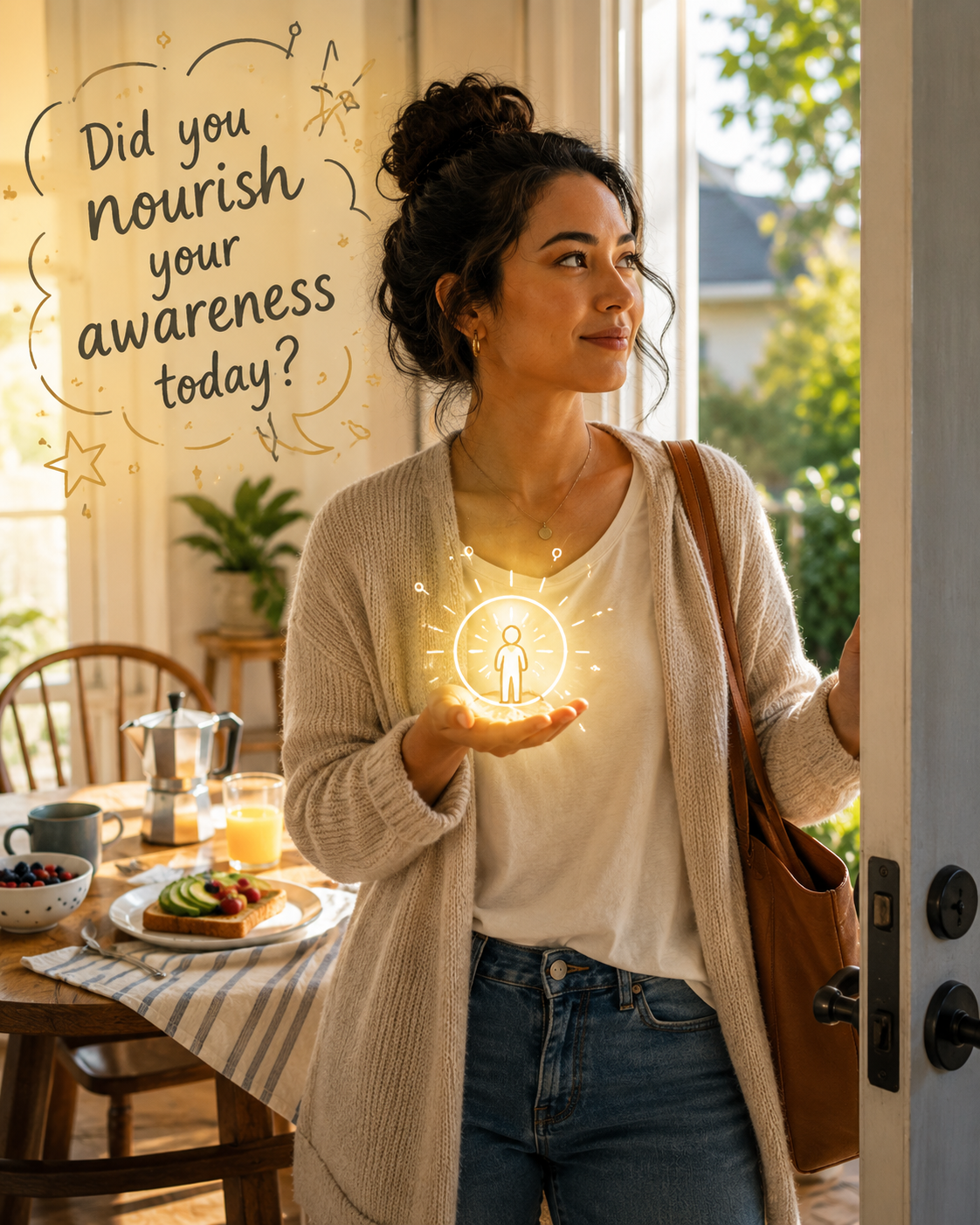 Woman standing in a sunlit doorway holding a glowing symbol of inner awareness, beside the question “Did you nourish your awareness today?”