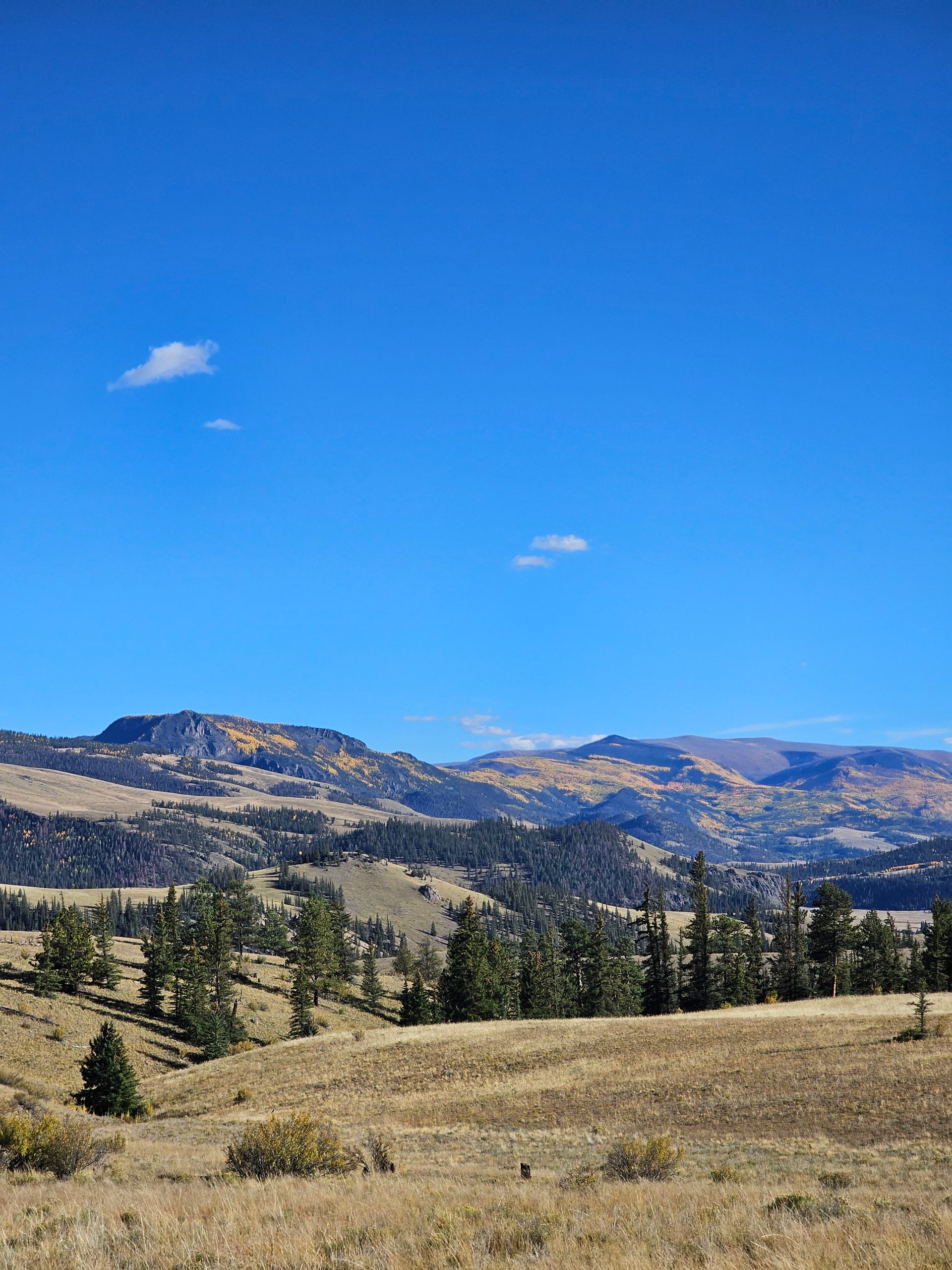 Breathtaking view of mountainous terrain and forests under a clear blue sky in Creede, Colorado.