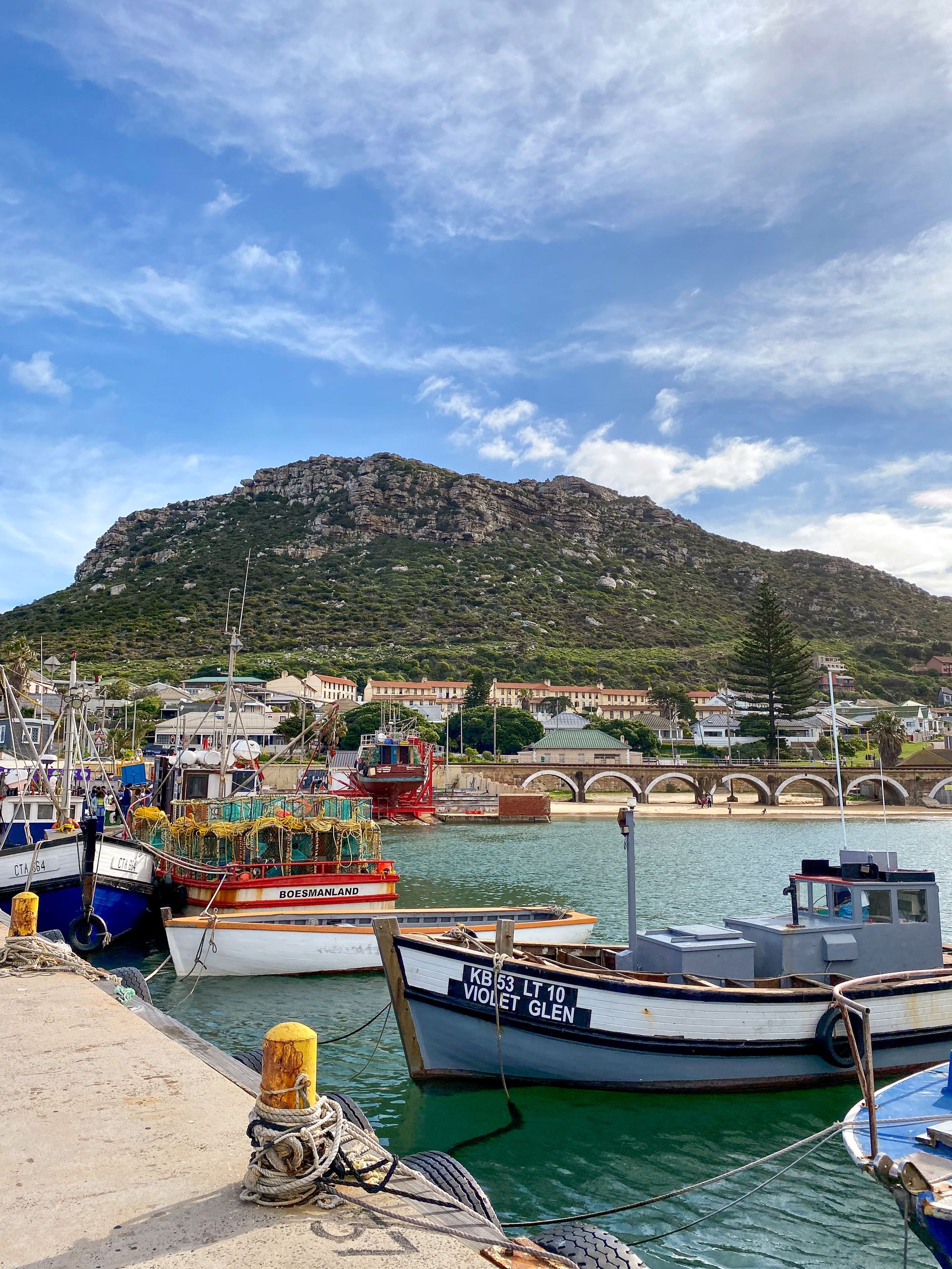 Colorful fishing boats docked at picturesque Kalk Bay Harbor in Cape Town, South Africa under a vibrant sky.